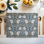 Close-up of the Pimpernel floral pattern in Dusty Blue on cotton twill placemat