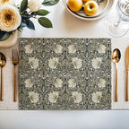 Close-up of the Pimpernel floral pattern in Khaki Sage on cotton twill placemat