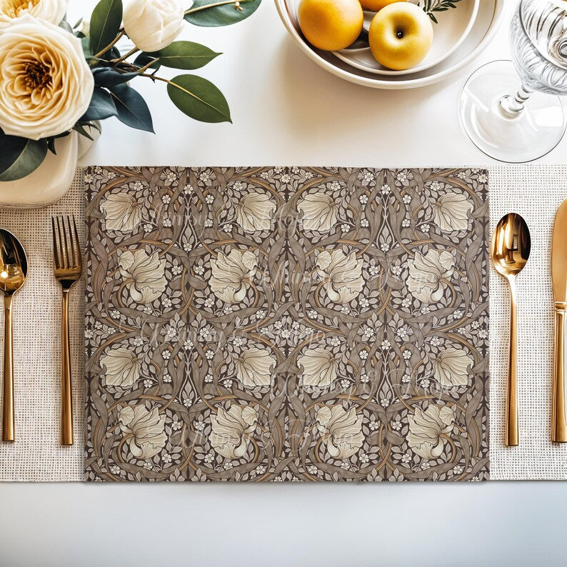 Close-up of the Pimpernel floral pattern in Rich Cocoa on cotton twill placemat