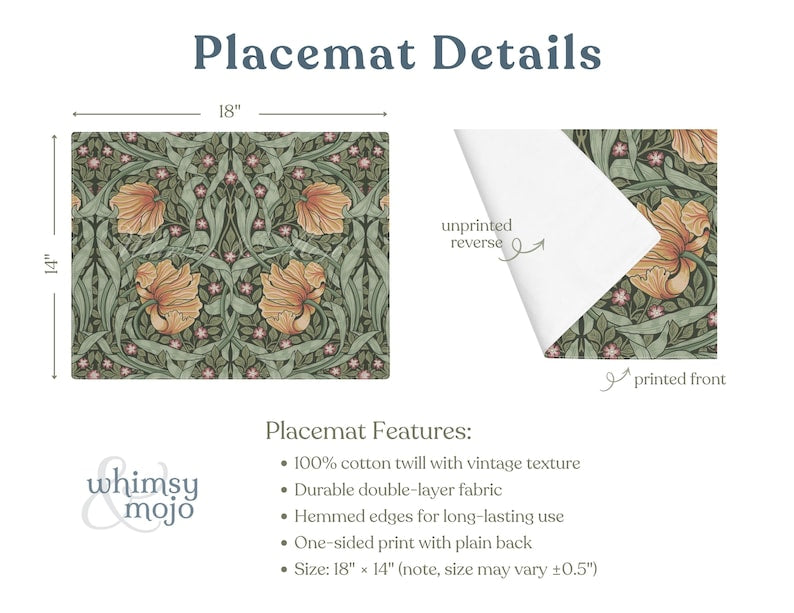 William Morris Pimpernel placemats displayed to show single, set of 2, and set of 4 options