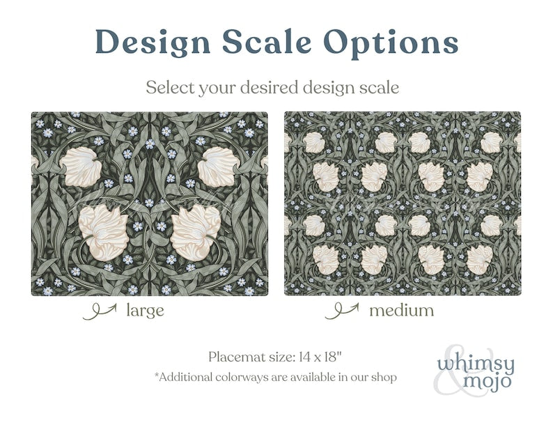 William Morris Pimpernel placemat in Green shown in Medium and Large pattern scales side by side