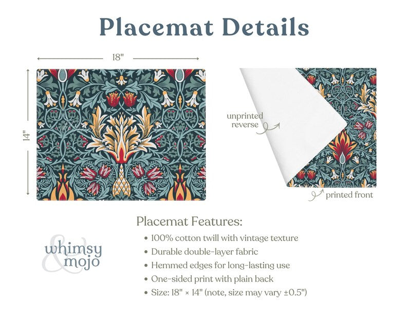 William Morris Snakeshead placemats in Teal & Garnet shown as a single mat, a set of 2 and a set of 4.