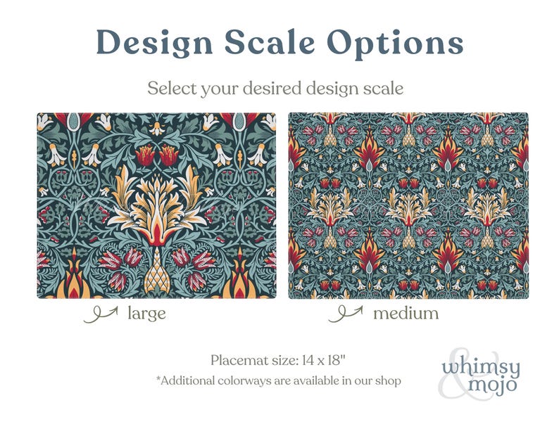 William Morris Snakeshead placemat in Teal & Garnet shown in Medium and Large pattern scales side by side.