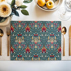 Close-up of the Snakeshead floral pattern in Teal & Garnet on cotton twill.