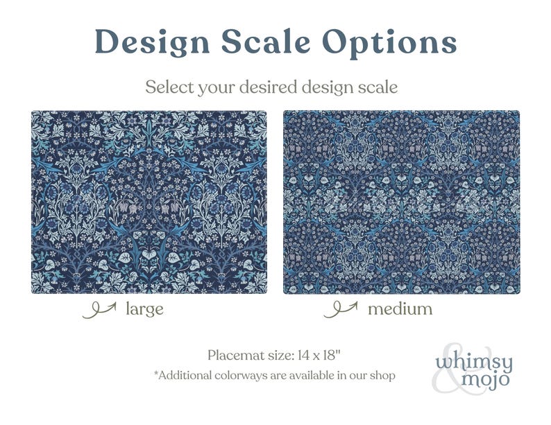 William Morris Blackthorn placemat in Blue shown in Medium and Large pattern scales side by side