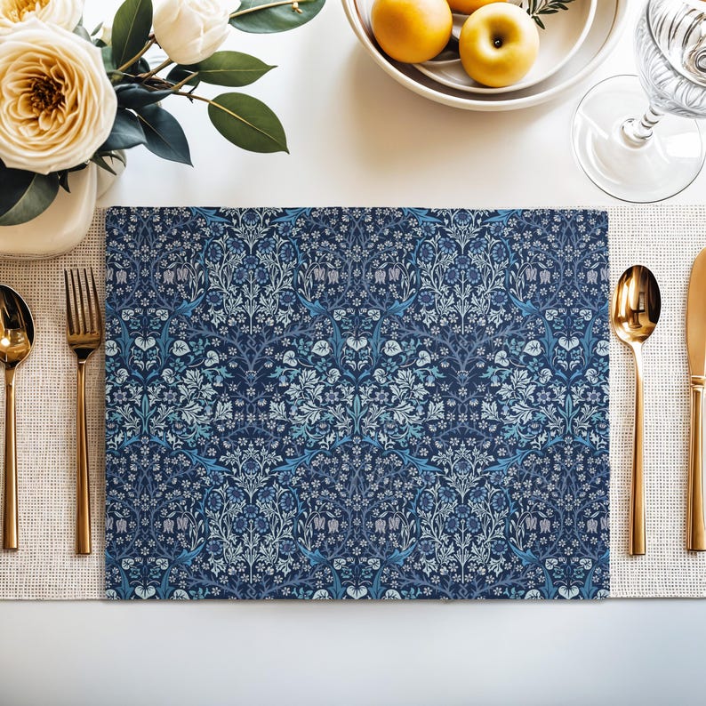Close-up of the Blackthorn floral pattern in Blue on cotton twill placemat