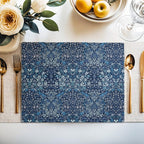 Close-up of the Blackthorn floral pattern in Blue on cotton twill placemat