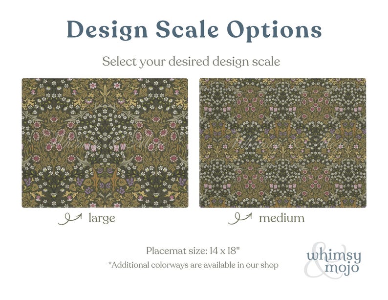 William Morris Blackthorn placemat in Olive Green shown in Medium and Large pattern scales side by side