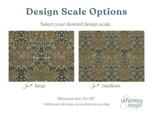 William Morris Blackthorn placemat in Olive Green shown in Medium and Large pattern scales side by side