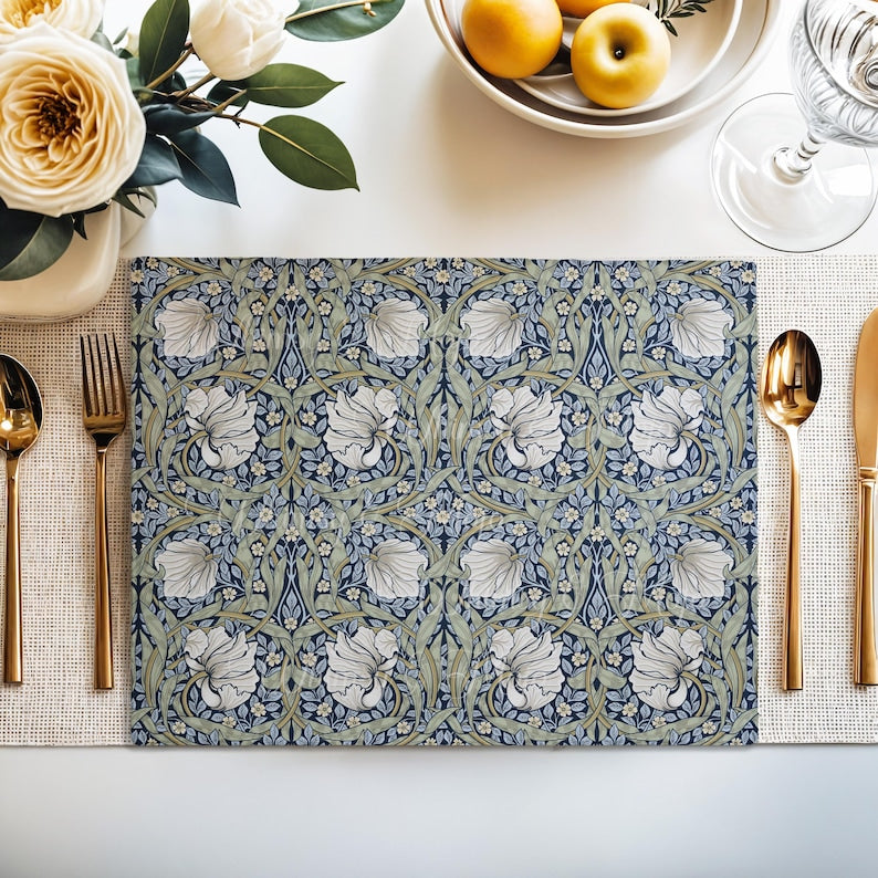 Close-up of the Pimpernel floral pattern in Navy and Sage on cotton twill placemat