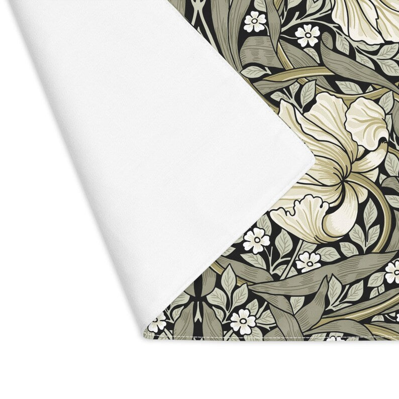 William Morris Pimpernel placemat in Khaki Sage detail showing hemmed edge and cotton twill texture