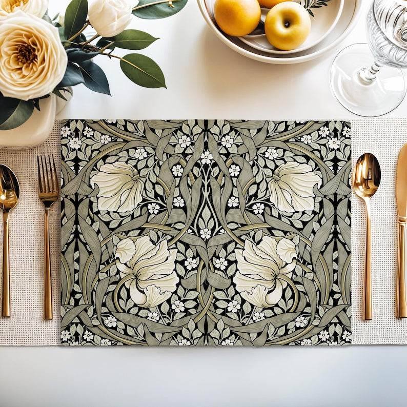 William Morris Pimpernel placemat in Khaki Sage styled on a dining table with florals and place setting