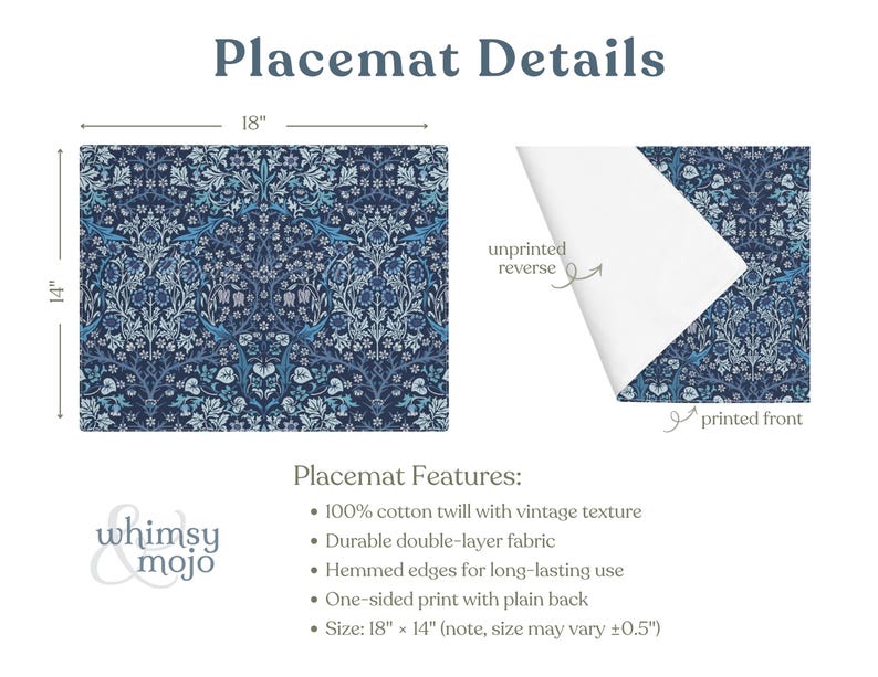 William Morris Blackthorn placemats in Blue displayed to show single, set of 2, and set of 4 options