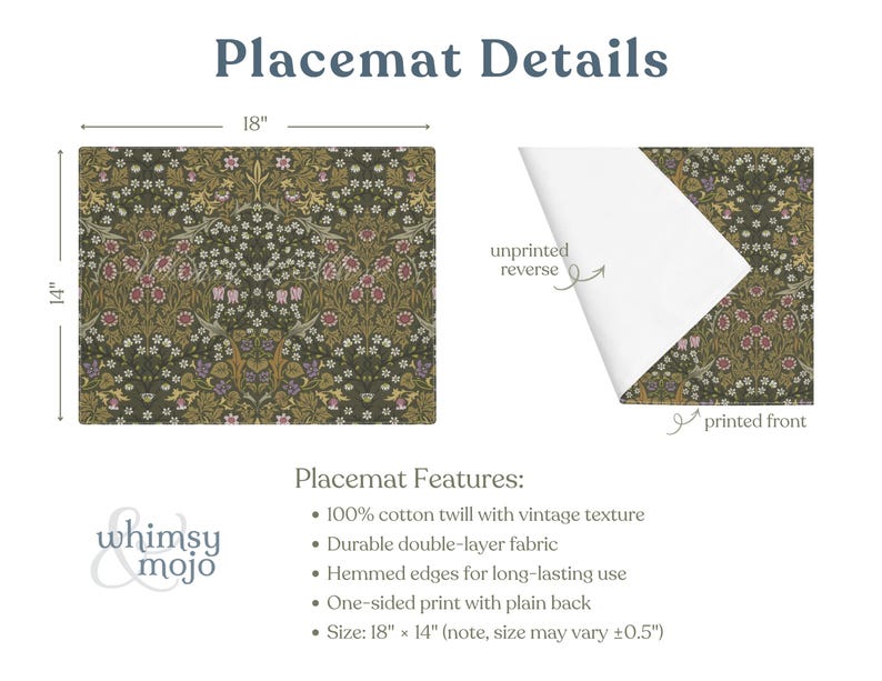 William Morris Blackthorn placemats in Olive Green displayed to show single, set of 2, and set of 4 options