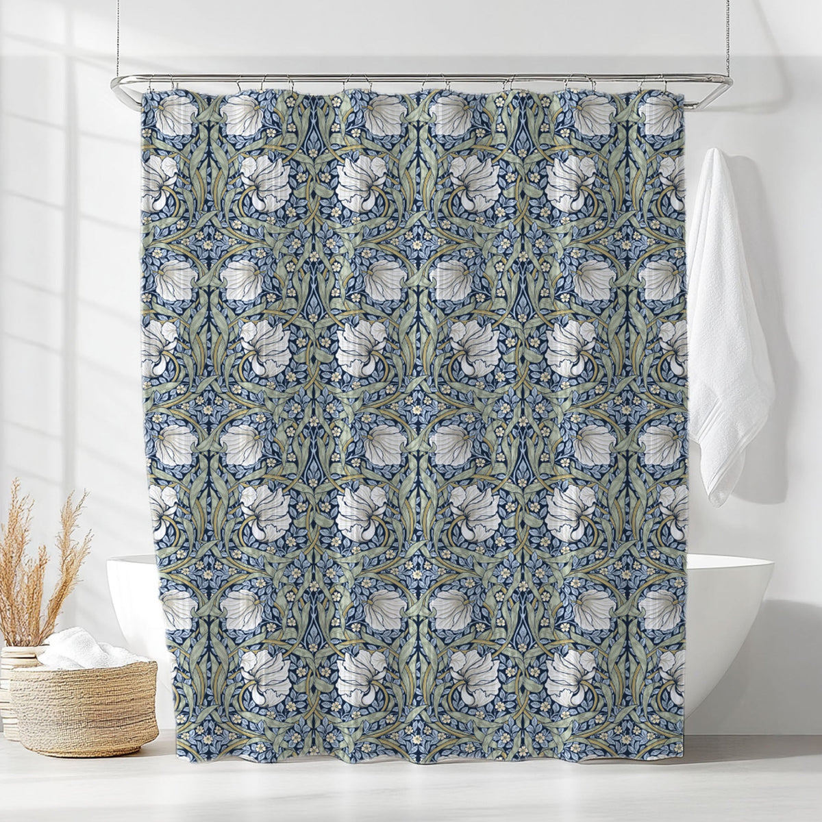 William Morris Pimpernel shower curtain in Blue & Sage 2143, cream tulips and sage-green leaves on a deep navy ground, styled in a bathroom. A handmade extra long cotton sateen shower curtain in 84, 96 and 108 inch lengths.