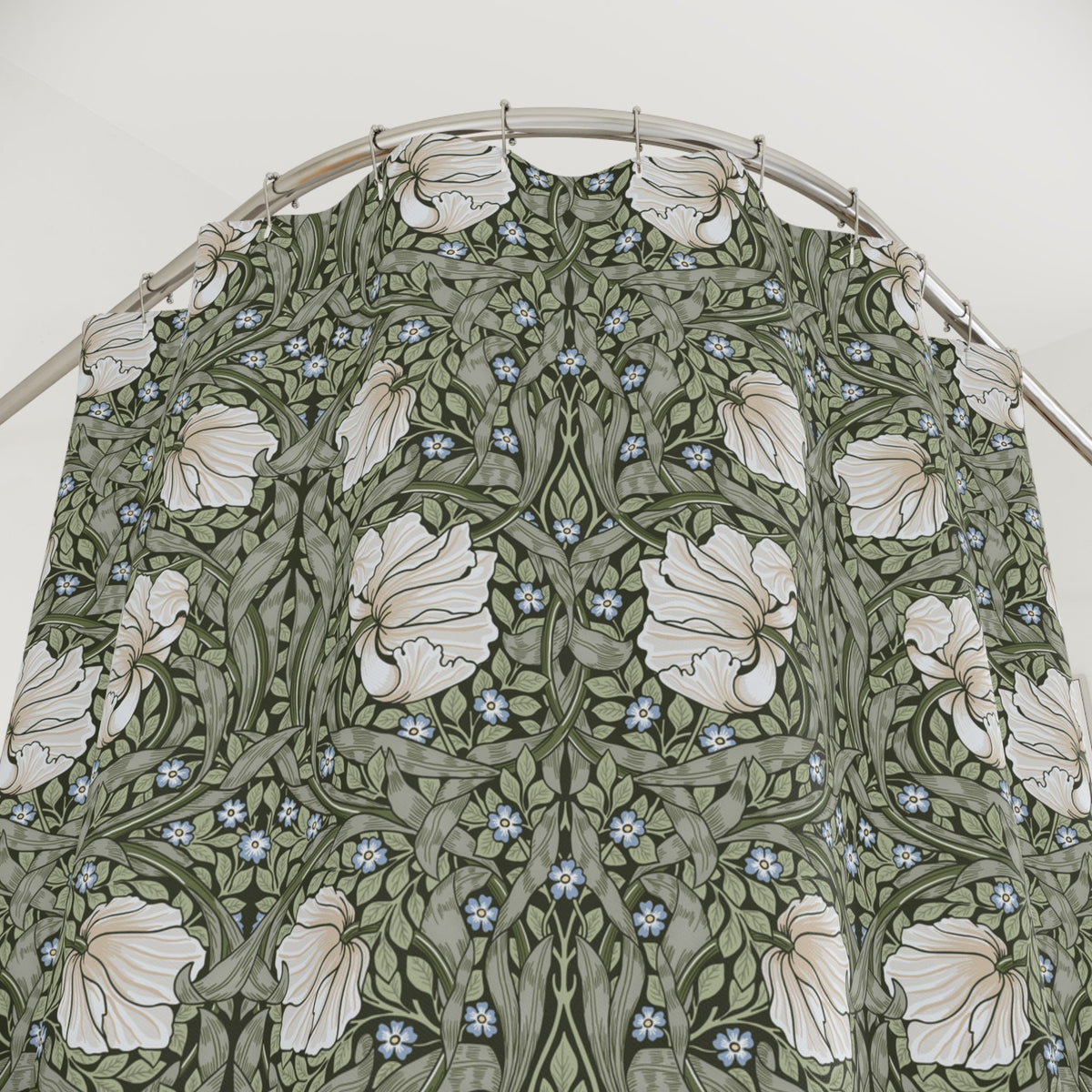 William Morris Pimpernel shower curtain in Morning Sage 2984, ivory tulips and fresh green leaves on a soft morning-sage ground, styled in a bathroom. A handmade extra long cotton sateen shower curtain in 84, 96 and 108 inch lengths.